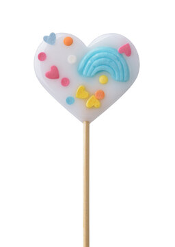 Front view of heart shaped lollipop with sprinkles