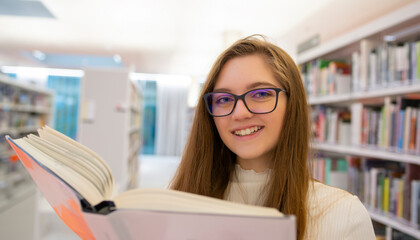 Portrait of happy beautiful young girl in eyeglasses. Happy student is reading in modern university library.