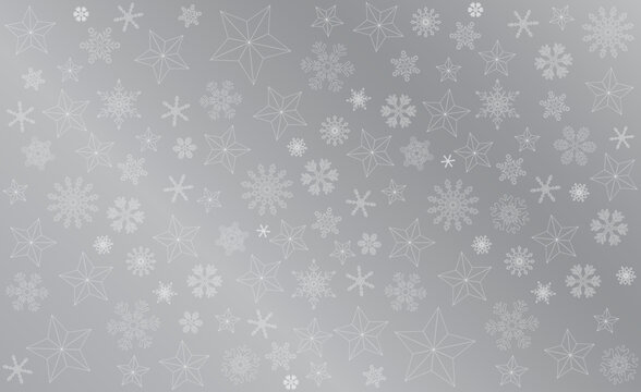 Illustration outline of stars with snowflakes on silver background. Luxury christmas elements pattern.