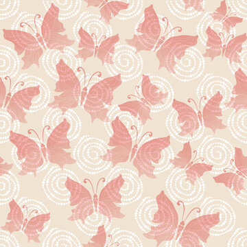 Delicate vector seamless pattern with pink translucent butterflies and spirals. vector image
