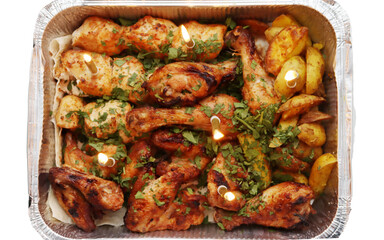 Pieces of fried meat and potatoes on a foil plate top view.