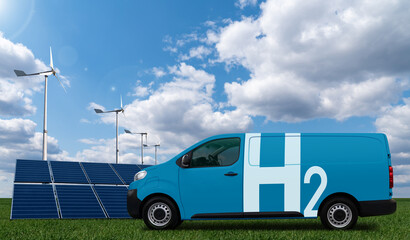 Hydrogen fuel cell delivery van with solar panel and wind turbines. Clean transportation	