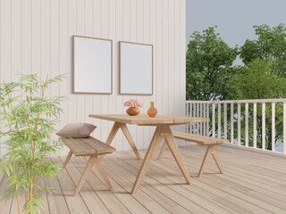 Mock up two picture terrace exterior, white wooden wall and wooden floor with table and chair wooden.3d rendering