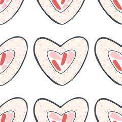 Vector seamless pattern with sushi rolls in the shape of a heart. Hand-drawn background with seafood.