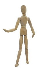 Standing wooden jointed figure with one by side and one extended
