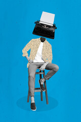 Collage 3d image of pinup pop retro sketch of sitting chair writer author journalist typewriter...