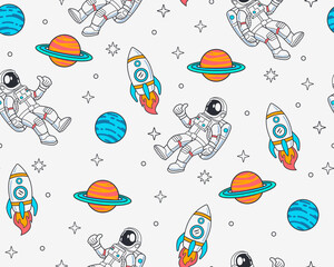 Hand-drawn space elements seamless pattern. Space background. Space doodle illustration. Vector illustration. Seamless pattern with cartoon space rockets, planets, and stars. © cddesign.co
