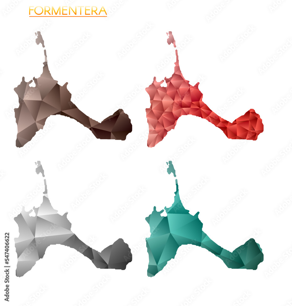 Poster set of vector polygonal maps of formentera. bright gradient map of the island in a low poly style. m