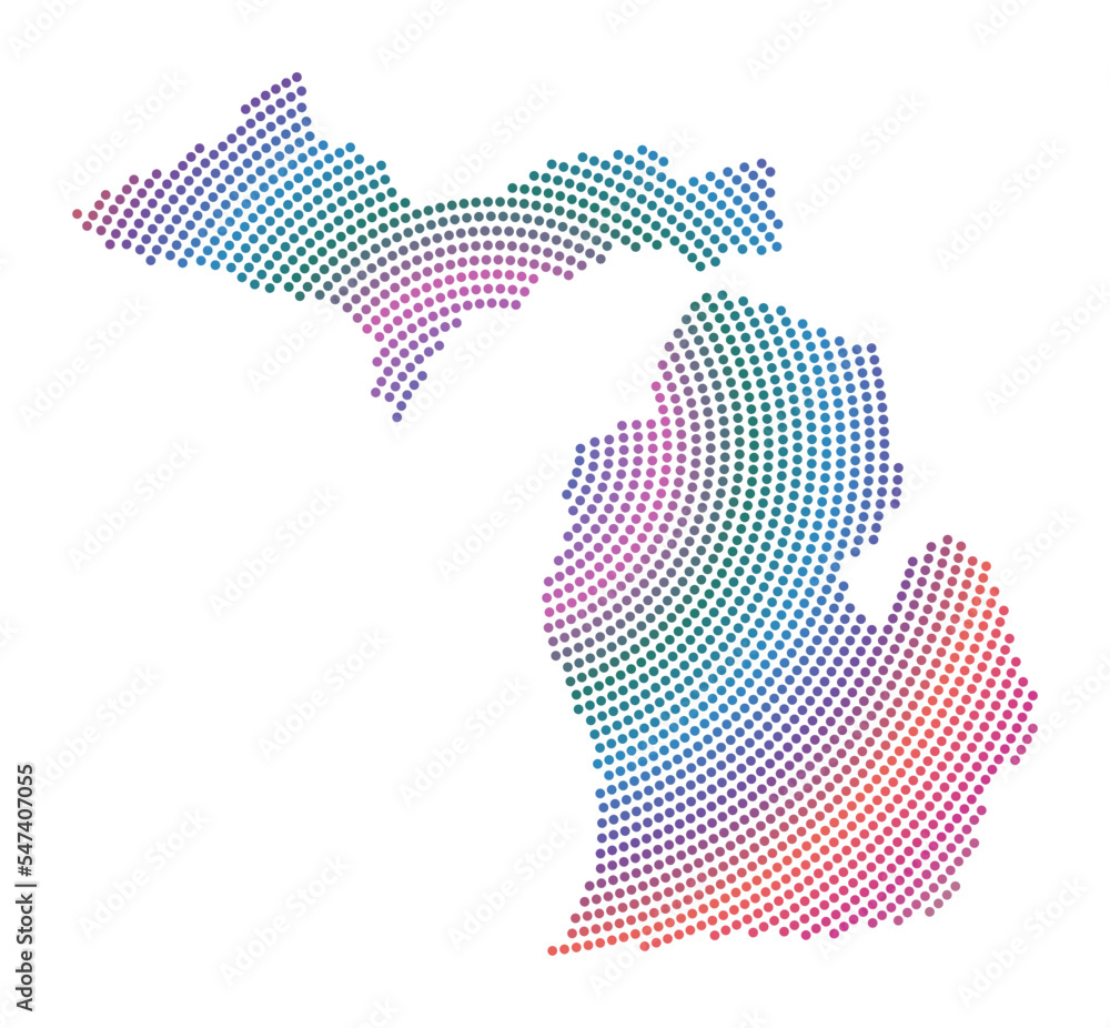 Poster michigan dotted map. digital style shape of michigan. tech icon of the us state with gradiented dots