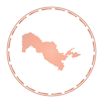 Uzbekistan round logo. Digital style shape of Uzbekistan in dotted circle with country name. Tech icon of the country with gradiented dots. Radiant vector illustration.