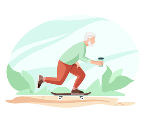An elderly man rides a skateboard with a glass of coffee. Active and happy old age. Bearded pensioner. Vector illustration.

