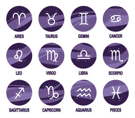 A set of zodiac signs on a dark background with stars.

