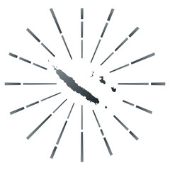 New Caledonia gradiented sunburst. Map of the country with colorful star rays. New Caledonia illustration in digital, technology, internet, network style. Vector illustration.
