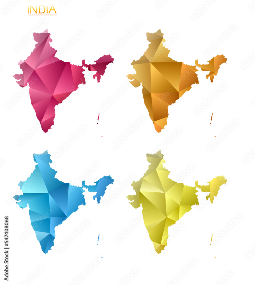 Poster set of vector polygonal maps of india. bright gradient map of the country in low poly style. multico