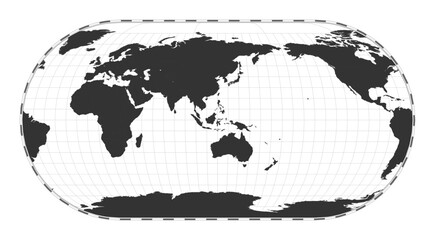 Vector world map. Eckert III projection. Plan world geographical map with latitude/longitude lines. Centered to 120deg W longitude. Vector illustration.