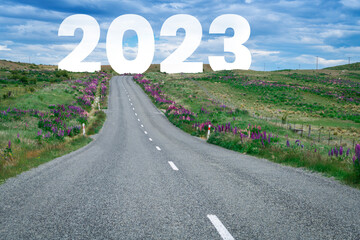 2023 New Year road trip travel and future vision concept . Nature landscape with highway road...