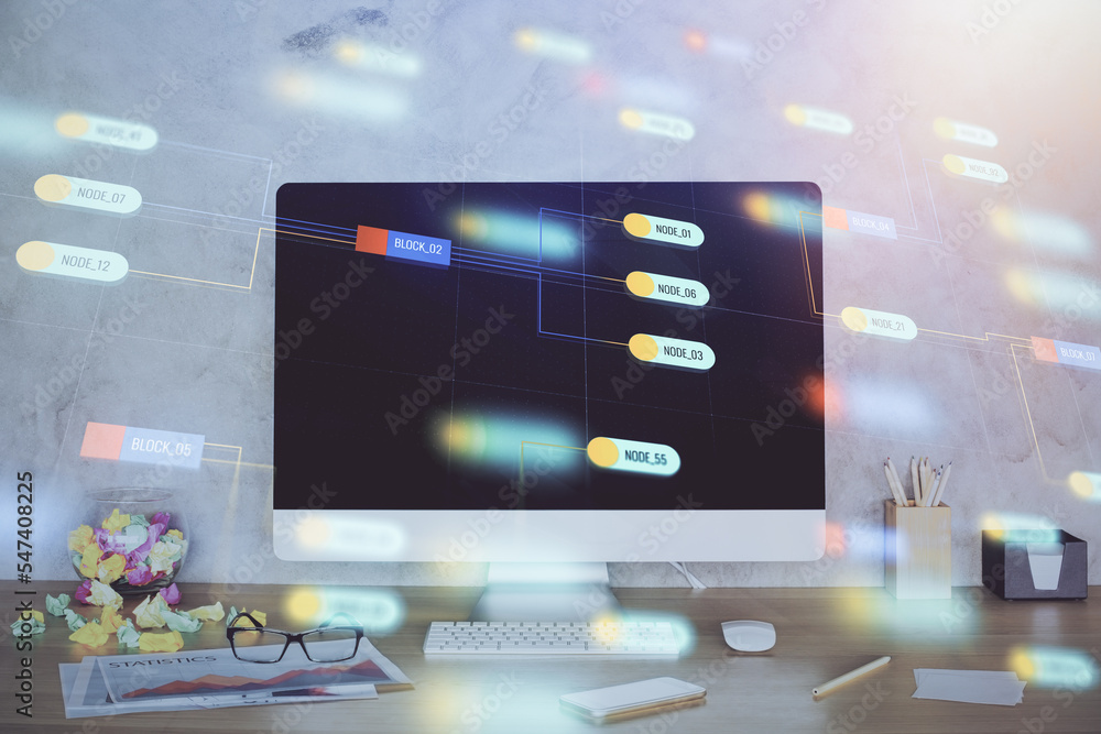 Poster Double exposure of table with computer on background and data theme hologram. Data technology concept.