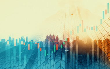 Financial graphs and digital indicators overlap with modernistic urban area, skyscrabber for stock market business concept. Double exposure.