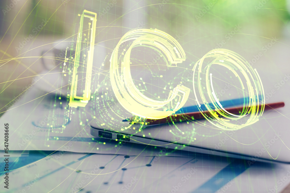 Poster double exposure of blockchain and crypto economy theme hologram and table with computer background. 
