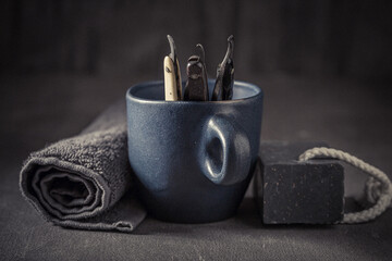 Antique and traditional shave set with grey soap and brush.