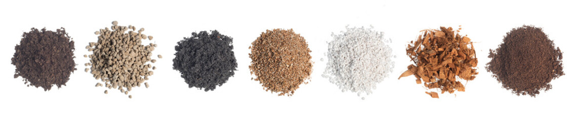 Isolated potting soil mixture on a white background. top view. Soil mixture: vermiculite, peat moss, perlite, Worm Casting, black chaff, Pumice, coconut flakes, organic agricultural soil.