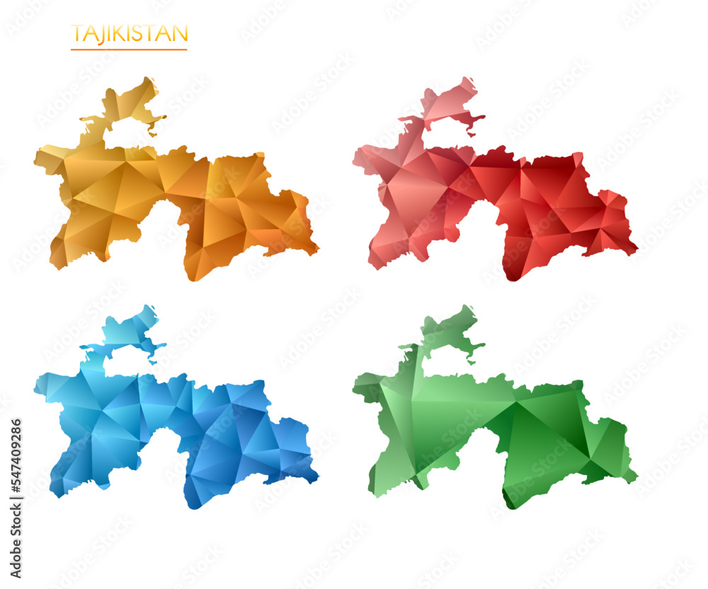 Aufkleber set of vector polygonal maps of tajikistan. bright gradient map of the country in low poly style. mu