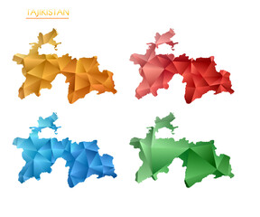 Set of vector polygonal maps of Tajikistan. Bright gradient map of country in low poly style. Multicolored Tajikistan map in geometric style for your infographics. Beautiful vector illustration.