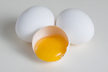 Eggs and egg yolk in shell isolate on white background