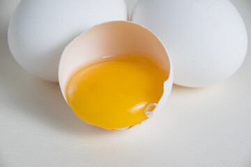 Eggs and egg yolk in shell isolate on white background