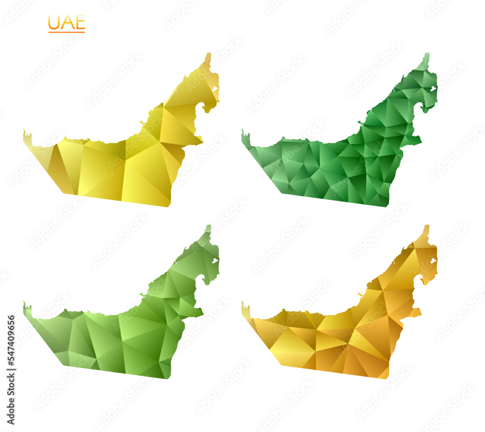 Poster set of vector polygonal maps of uae. bright gradient map of country in low poly style. multicolored 