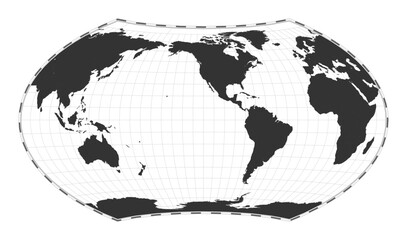 Vector world map. Wagner projection. Plan world geographical map with latitude/longitude lines. Centered to 120deg E longitude. Vector illustration.