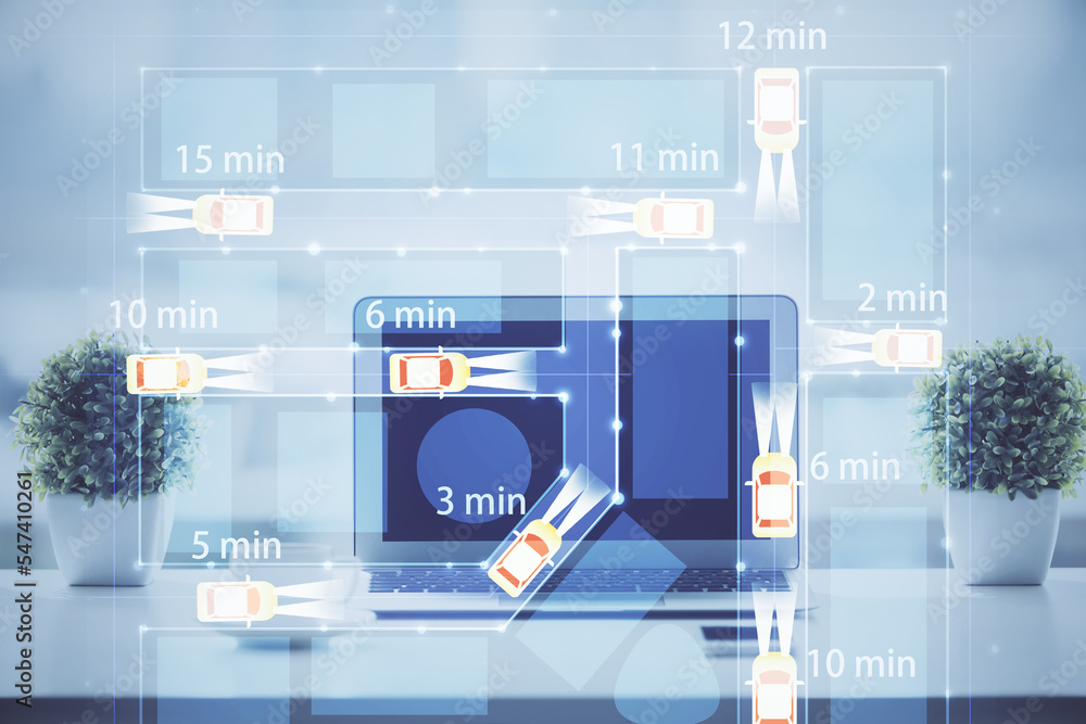 Poster Desktop computer background in office with automobile hologram drawing. Multi exposure. Tech concept.