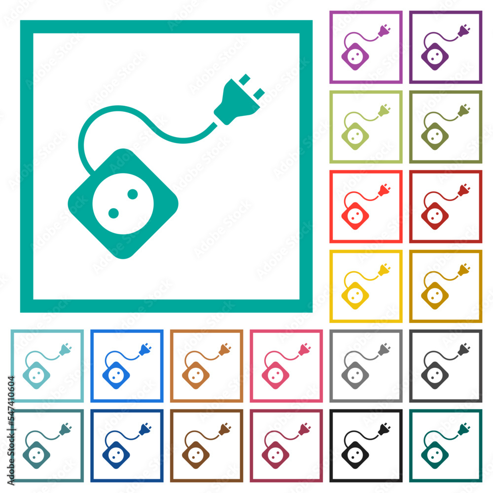 Poster portable electrical outlet with one socket and extension cord and plug solid flat color icons with q
