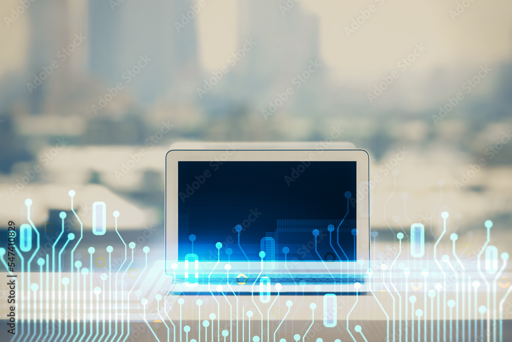Aufkleber double exposure of table with computer on background and data theme drawing. concept of innovation.