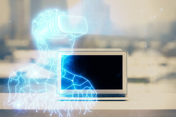 Computer on desktop with AR theme icon. Multi exposure. Concept of augmented reality.