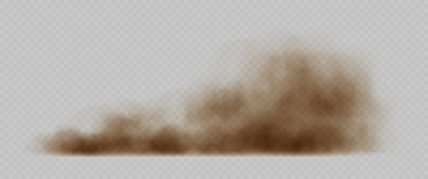 Sand cloud, sandstorm, dirty dust or brown smoke. Heavy thick smog effect isolated on transparent background. Realistic vector illustration