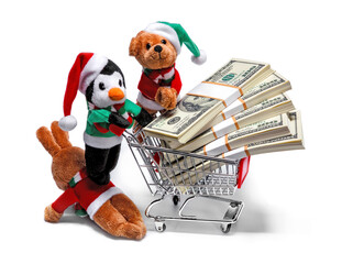 Santa's helpers with a shopping cart full of money. Funny Christmas concept
