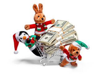 Santa's helpers with a shopping cart full of money. Funny Christmas concept