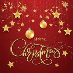 Fototapeta na wymiar Merry Christmas greeting card with Christmas elements and typography on red background