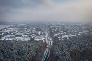 Aerial landscape of small village covered with fresh snow. Poland