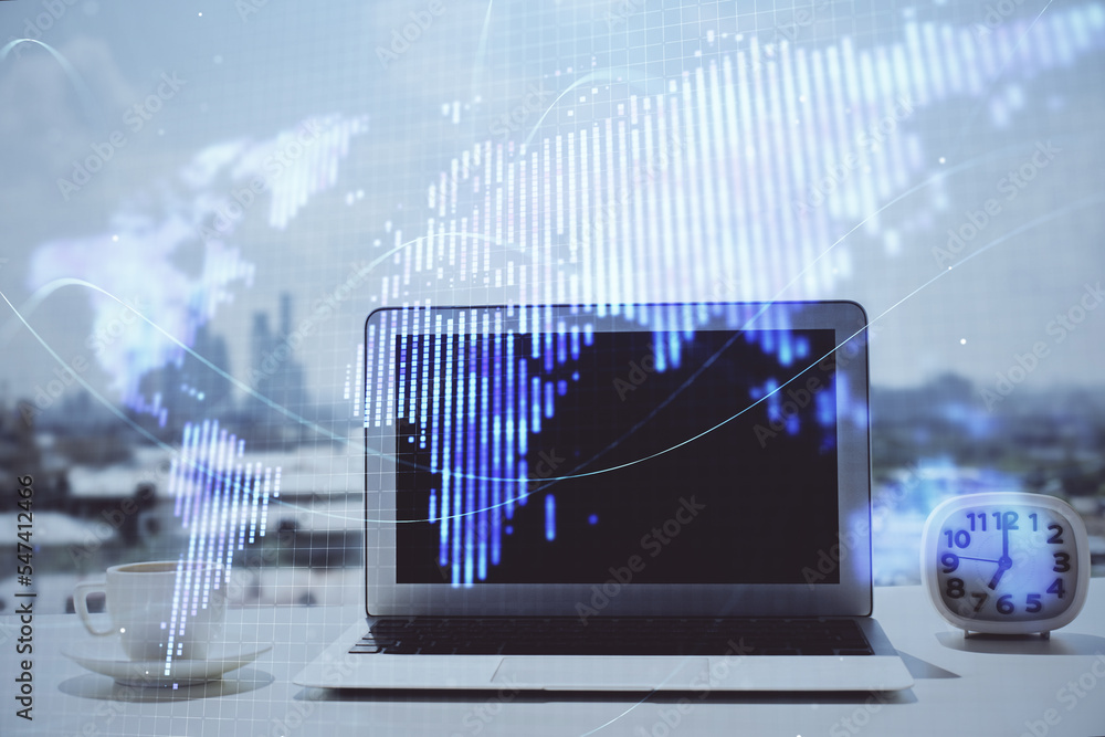 Aufkleber Double exposure of business theme icons and work space with computer background. Concept of success.