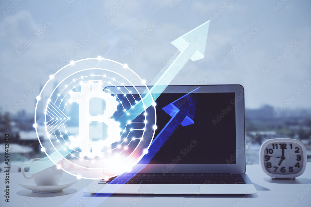Poster Double exposure of blockchain and crypto economy theme hologram and table with computer background. Concept of bitcoin cryptocurrency.