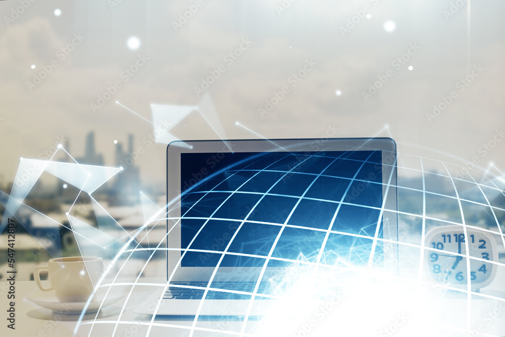 Aufkleber Double exposure of desktop with computer and world map hologram. International data network concept.