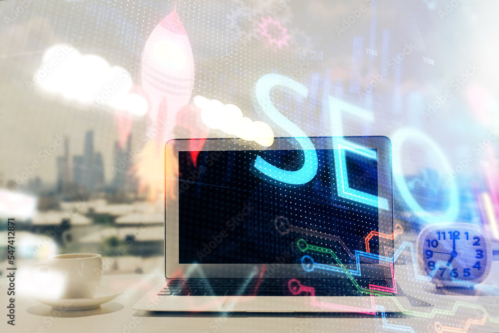 Aufkleber Double exposure of table with computer and seo drawing hologram. Search optimization concept.