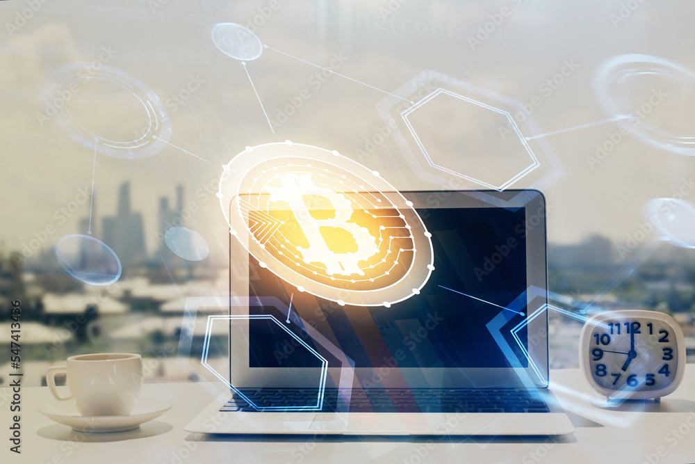 Aufkleber Double exposure of blockchain and crypto economy theme hologram and table with computer background. Concept of bitcoin cryptocurrency.