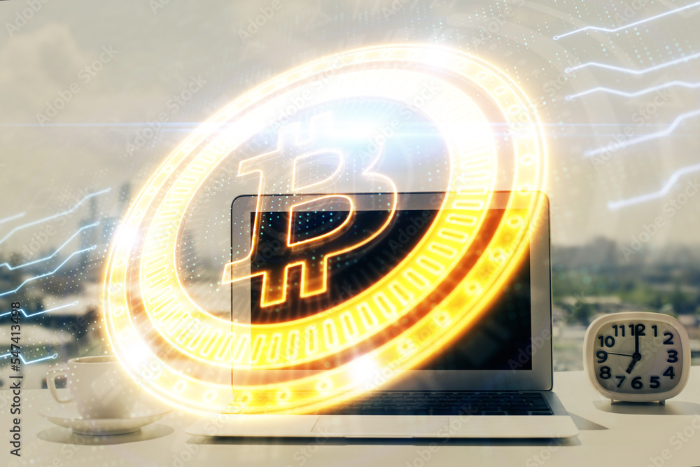 Poster Double exposure of blockchain and crypto economy theme hologram and table with computer background. Concept of bitcoin cryptocurrency.