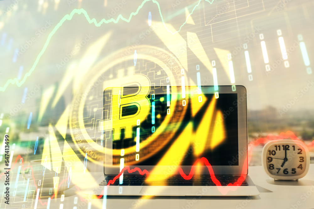Aufkleber Double exposure of blockchain and crypto economy theme hologram and table with computer background. Concept of bitcoin cryptocurrency.