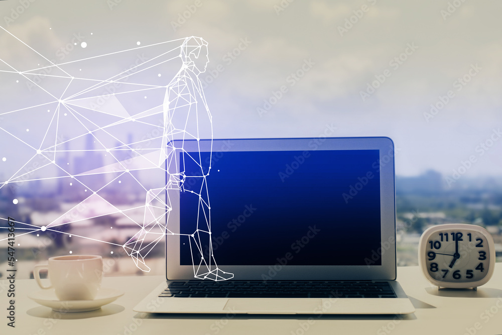 Poster Desktop computer background in office and start up theme hologram drawing. Double exposure. Startup concept.