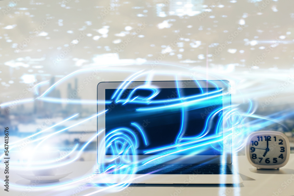 Poster Desktop computer background in office with automobile hologram drawing. Multi exposure. Tech concept.