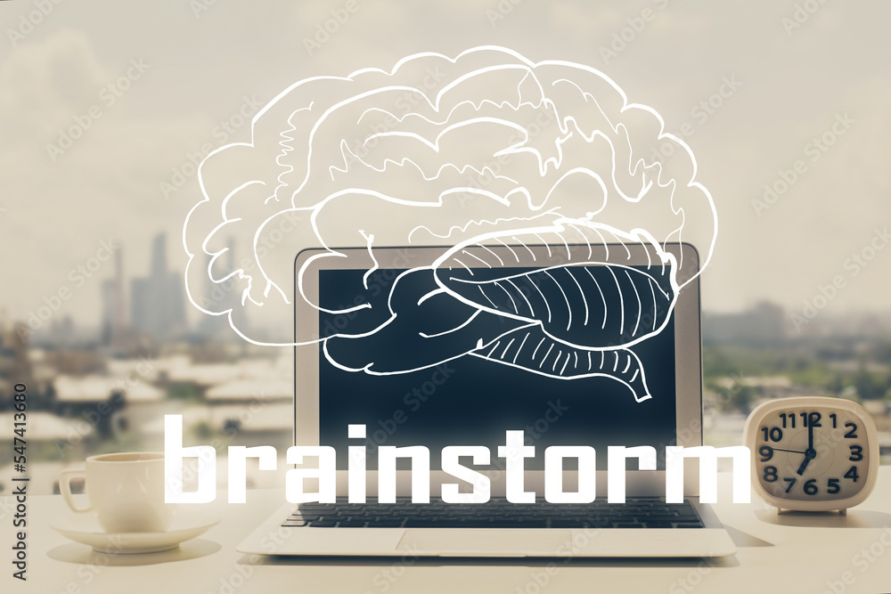 Poster Desktop computer background in office and start up theme hologram drawing. Double exposure. Startup concept.